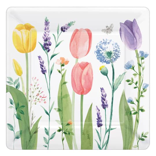 10&#x22; Spring Tulip Garden Square Paper Plates, 24ct.